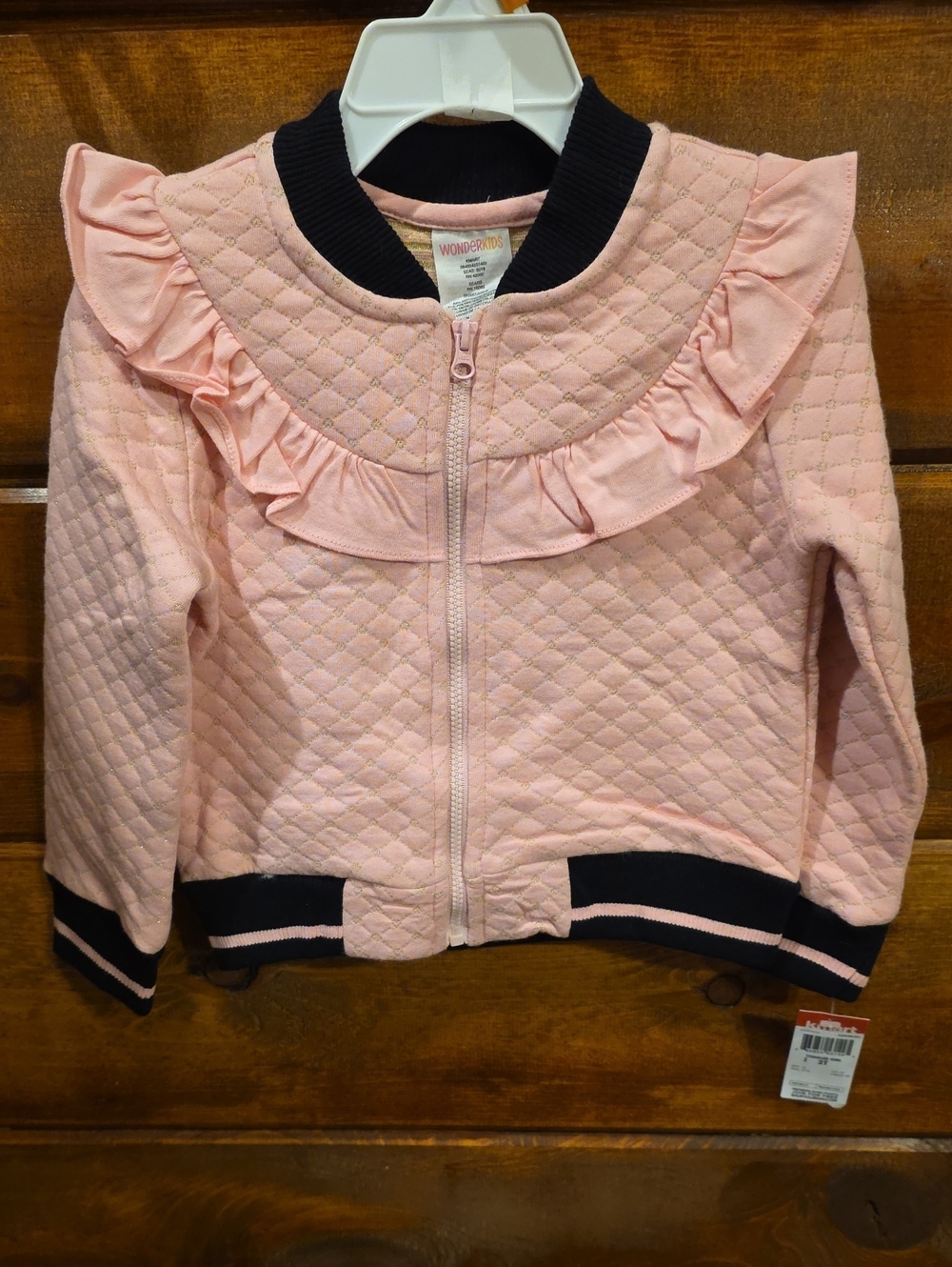 Pink Quilted Ruffle Zip-Up Jacket with Black Trim